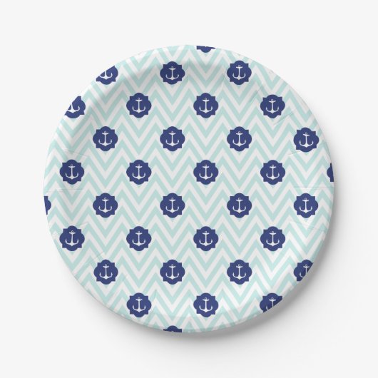 Assiettes En Carton Motif d'Ancres bleu marine Chevron nautique (Devant)