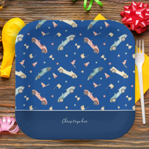 Assiettes En Carton Motif d'aquarelle de la voiture Little Boy Racing 