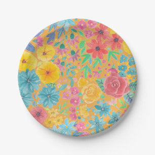 Assiettes En Carton Motif d'aquarelle florale en jaune