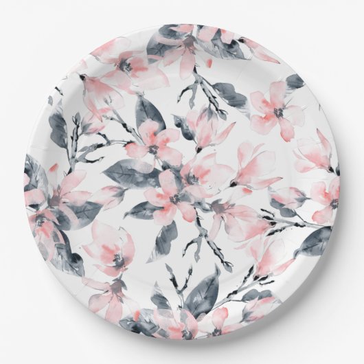 Assiettes En Carton Motif d'aquarelle rose et gris (Devant)