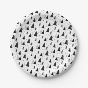 Assiettes En Carton Motif d'arbre de Noël noir et blanc