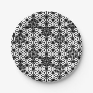 Assiettes En Carton Motif d'Asanoha de Japonais - blanc et noir