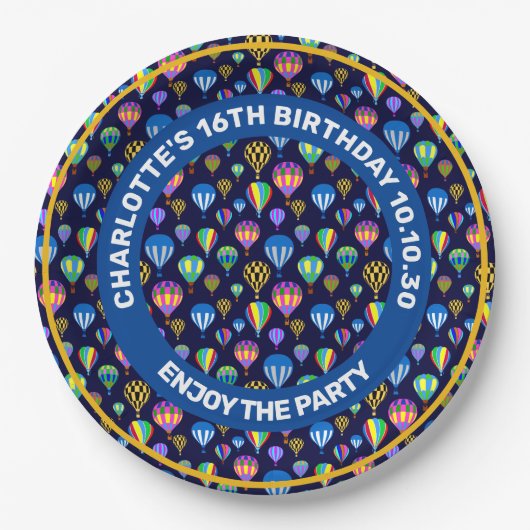 Assiettes En Carton Motif De Ballons À Air Chaud. Arrière - plan bleu (Devant)