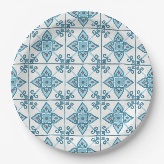 Assiettes En Carton Motif de carreaux bleus marocain (Devant)
