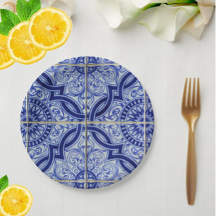 Assiettes En Carton Motif de carreaux d'azulejo méditerranéen bleu et 