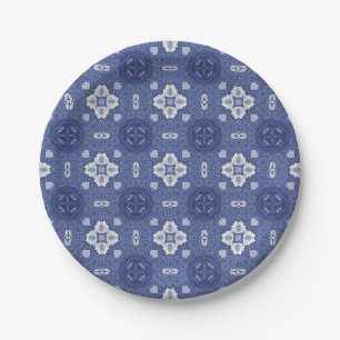 Assiettes En Carton Motif de carreaux floraux bleus et blancs ornés