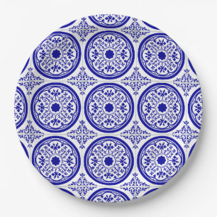 Assiettes En Carton Motif de carreaux gothiques bleu blanc