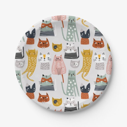 Assiettes En Carton Motif de chat à main mignon Doodle (Devant)