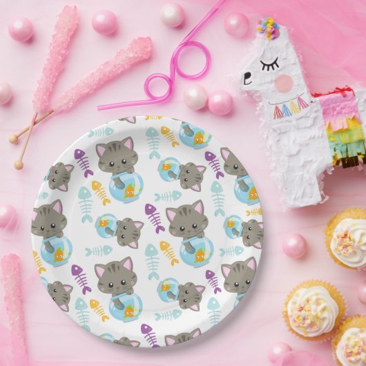 Assiettes En Carton Motif De Chats, Chats Mignons, Chatons, Poisson (Fête)