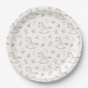 Assiettes En Carton Motif de cheval à bascule rose pour Baby Shower fi