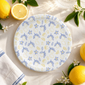 Assiettes En Carton Motif de citron agrumes bleu et jaune