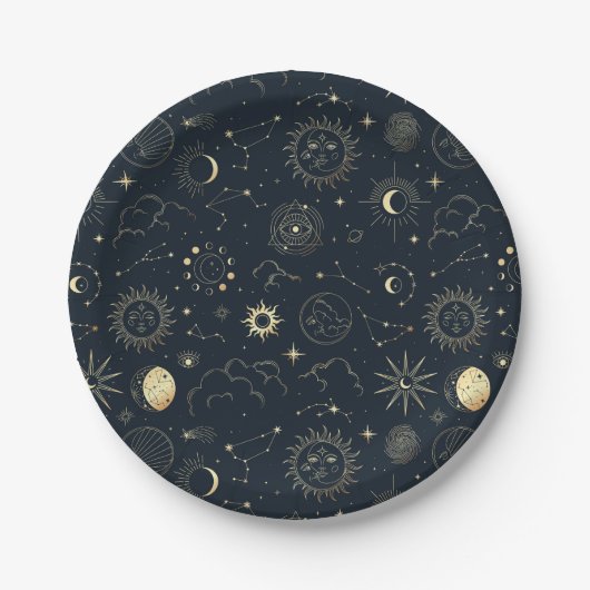 Assiettes En Carton Motif de constellation d'étoile d'or bleu minuit (Devant)