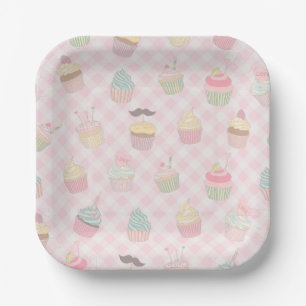 Assiettes En Carton Motif de cupcakes mignons en gingham rose pastel