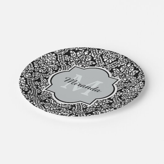 Assiettes En Carton Motif de Damas noir et blanc Monogramme et nom (Angle)