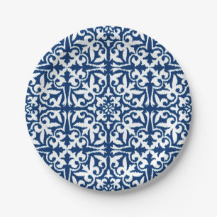 Assiettes En Carton Motif de damassé d'Ikat - bleu et blanc de cobalt