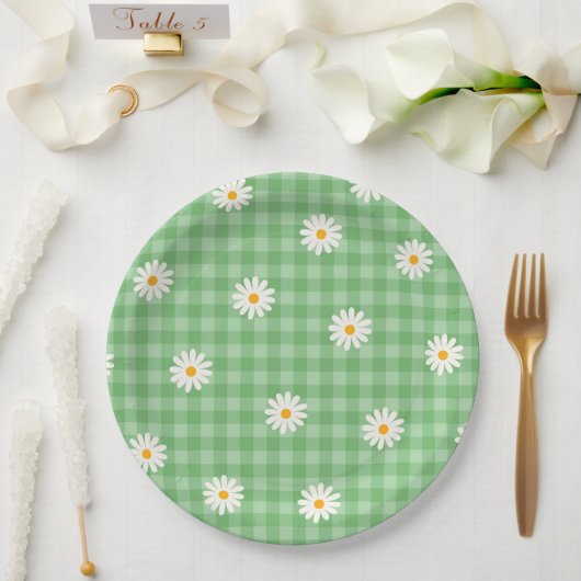 Assiettes En Carton Motif de de Fleur En vichy à carreaux verts (Mariage)