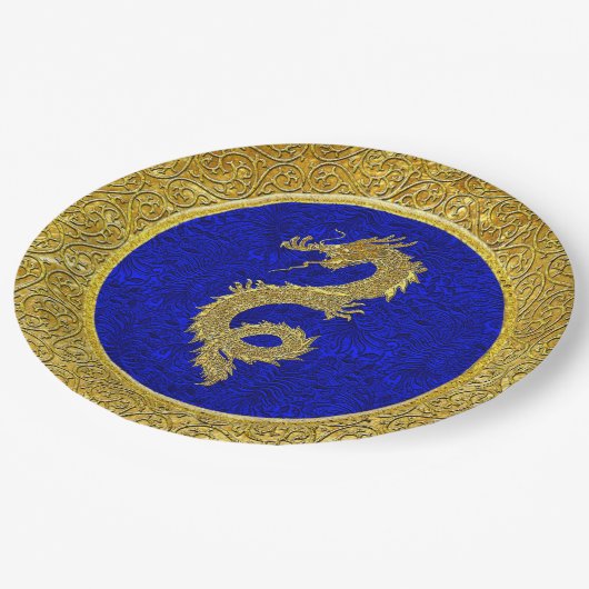 Assiettes En Carton Motif de dragon bleu et or (Angle)