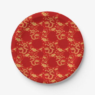 Assiettes En Carton Motif de dragon d'or - Chinois Année lunaire 2024