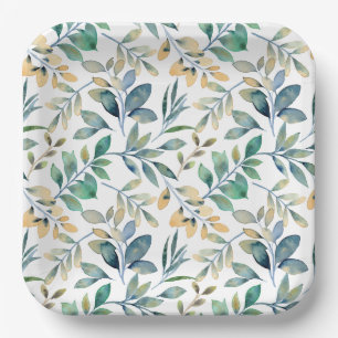 Assiettes En Carton Motif de feuille verte et jaune à l'aquarelle fraî
