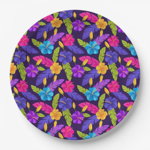 Assiettes En Carton Motif de feuilles et fleurs tropicales-23857