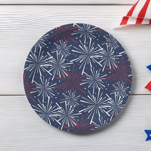 Assiettes En Carton Motif de feux d'artifice rouge, blanc et bleu