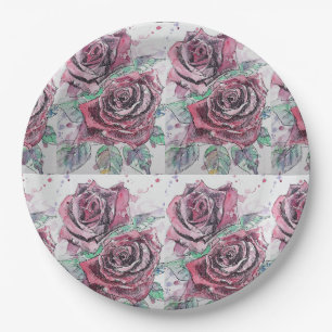 Assiettes En Carton Motif de fleur de rose rouge peinture à l'aquarell