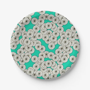 Assiettes En Carton Motif de fleurs Art déco - blanc sur turquoise