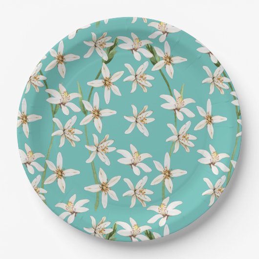 Assiettes En Carton Motif de fleurs de citron d'été sur turquoise (Devant)