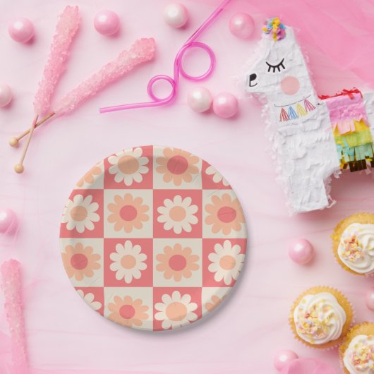 Assiettes En Carton motif de fleurs rétro À damiers Peach Fuzz (Fête)