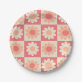 Assiettes En Carton motif de fleurs rétro À damiers Peach Fuzz (Devant)