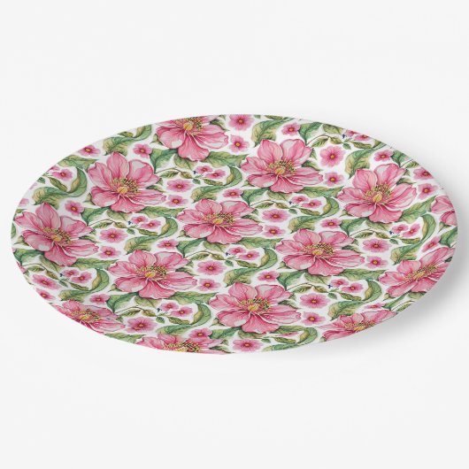 Assiettes En Carton Motif de fleurs roses (Angle)