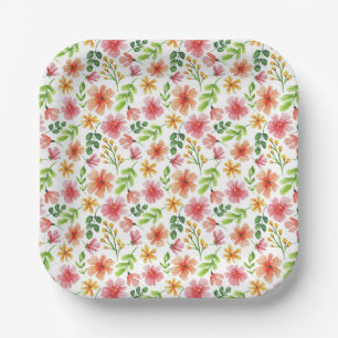 Assiettes En Carton Motif de fleurs roses à l'aquarelle