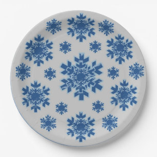 Assiettes En Carton Motif de flocons de neige bleu et blanc