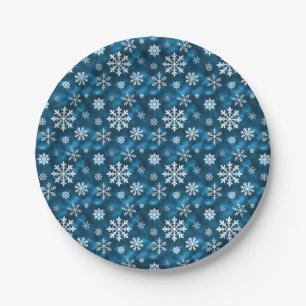 Assiettes En Carton Motif de flocons de neige hivernaux sur fond bleu