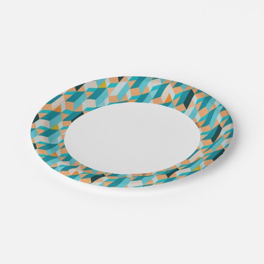 Assiettes En Carton Motif De Formes Turquoises Et Oranges (Angle)