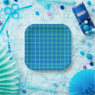 Assiettes En Carton Motif de grille en bleu et vert menthe