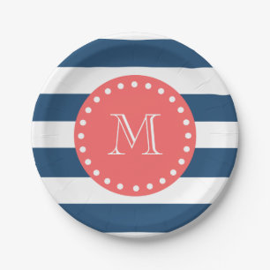 Assiettes En Carton Motif de la Navy Blue White Stripes, Monogramme de