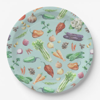 Assiettes En Carton Motif de légume et d'épices d'aquarelle