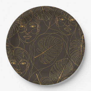 Assiettes En Carton Motif de ligne de visage botanique rustique (1)