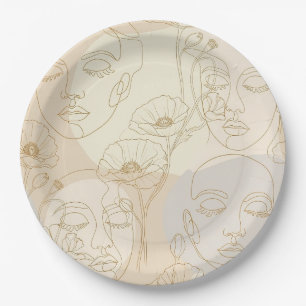 Assiettes En Carton Motif de ligne de visage floral vintage (1)