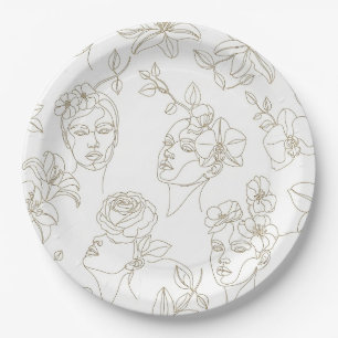 Assiettes En Carton Motif de ligne de visage floral vintage noir et bl