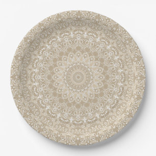 Assiettes En Carton Motif de mandala ornemental kaki et blanc