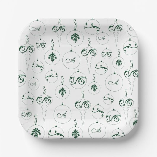 Assiettes En Carton Motif de Monogramme vert Bauble Noël Carré (Recto)