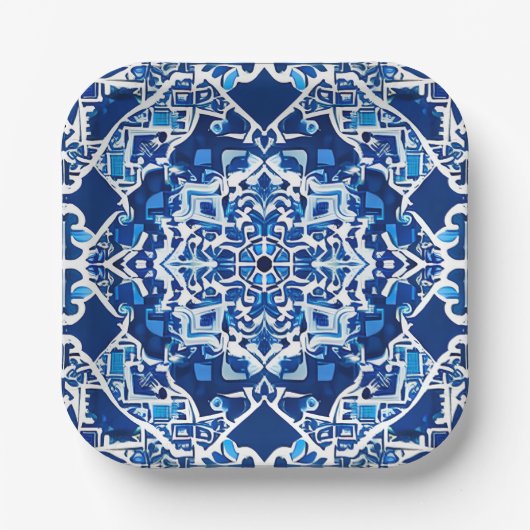 Assiettes En Carton Motif de mosaïque en Indigo et Cobalt Blue (Recto)