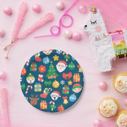 Assiettes En Carton Motif de Noël joyeux sur bleu (Fête)