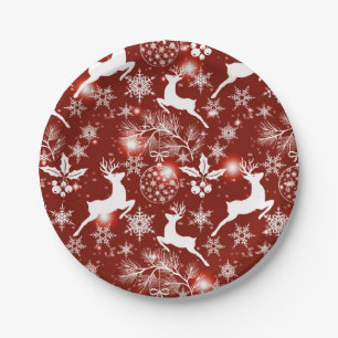 Assiettes En Carton Motif de Noël rouge et blanc avec rennes
