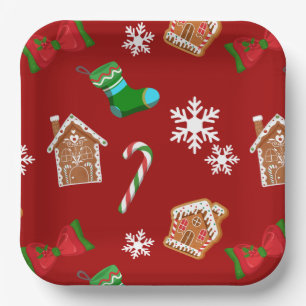 Assiettes En Carton Motif de Noël rouge pain d'épices