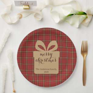 Assiettes En Carton Motif de Noël Rouge Plaid -