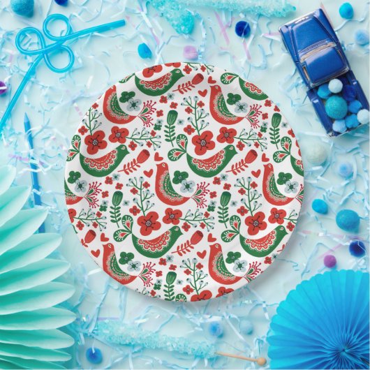 Assiettes En Carton Motif de Noël scandinave w Fleurs et oiseaux (Fête)