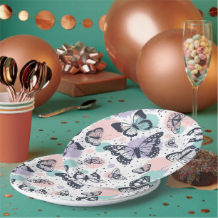Assiettes En Carton Motif de papillons colorés rétro.